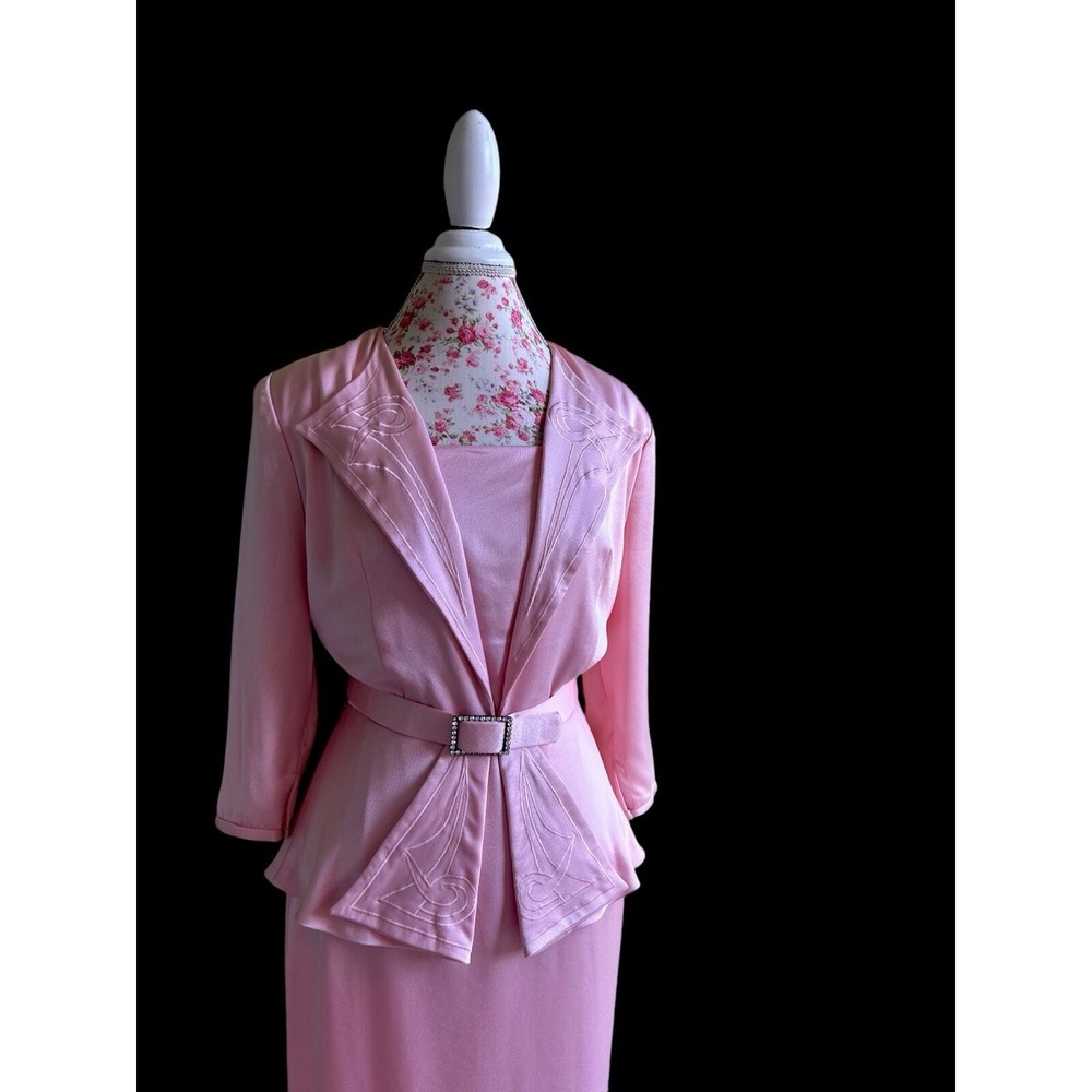 Vintage 1980's Wiggle Dress Pink Satin Rhinestone Belt Holiday Avant Garde 40's